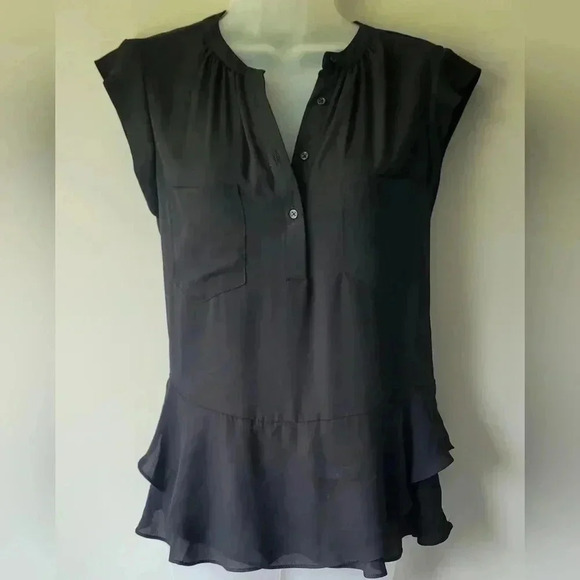 Size SM, MOSSIMO Black Drop Waist Chiffon Top, Ruffle Bottom, Ruffle Cap Sleeves - Picture 1 of 12